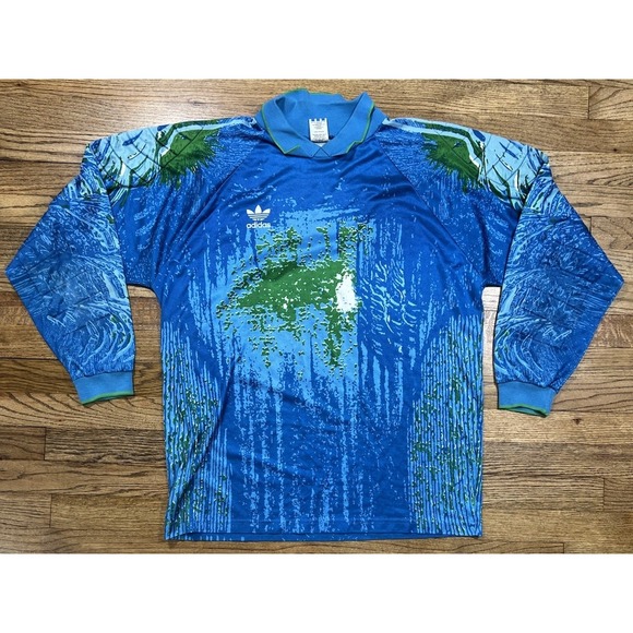 VTG 1990s Adidas Goalie Keeper Jersey Blue Green Padded Long Sleeve Shirt USA XL